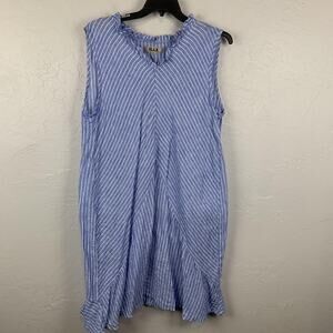 FLAX Dress Womens Large Blue White Striped 100% Linen Sleeveless Ruffle Hem